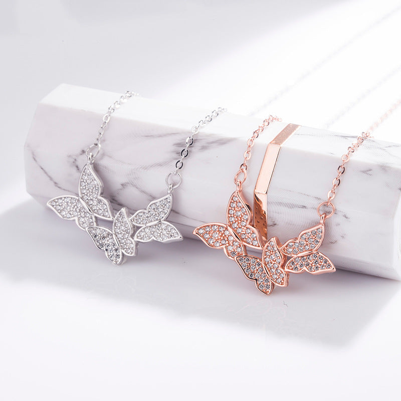 Three Butterflies Pendant Necklace - Ericjewelry - ericjewelry - Silver Necklace - Buttefly, Necklace, Rose Gold, Silver, White Gold - Ericjewelry -