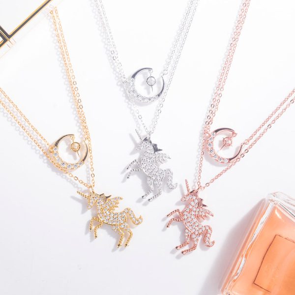 Sterling Silver Unicorn Moon Necklace - Ericjewelry - ericjewelry - Silver Necklace - crescent-shaped, Necklace, Silver, Unicorn - Ericjewelry -