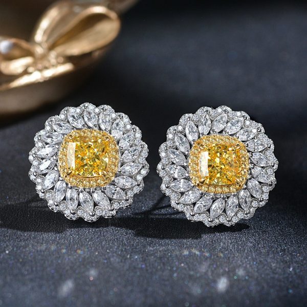 Sunflower Sterling Silver 3.25ct Diamond Earrings - Ericjewelry - ericjewelry - Silver Earrings - Earring, Flowers, High Carbon Diamonds, Round shape, Silver, White, Yellow - Ericjewelry -