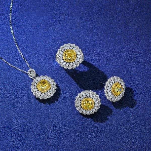 Sunflower Sterling Silver 3.25ct Diamond Earrings - Ericjewelry - ericjewelry - Silver Earrings - Earring, Flowers, High Carbon Diamonds, Round shape, Silver, White, Yellow - Ericjewelry -