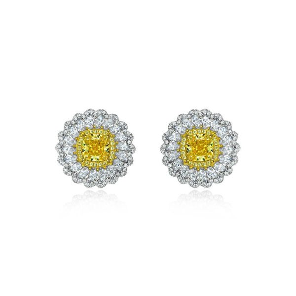Sunflower Sterling Silver 3.25ct Diamond Earrings - Ericjewelry - ericjewelry - Silver Earrings - Earring, Flowers, High Carbon Diamonds, Round shape, Silver, White, Yellow - Ericjewelry -