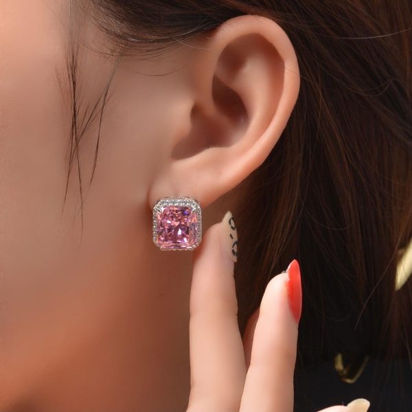 10ct Square Pink Diamond Sterling Silver Stud Earrings - Ericjewelry - ericjewelry - Silver Earrings - Earring, High Carbon Diamonds, pink, Princess, Silver - Ericjewelry -