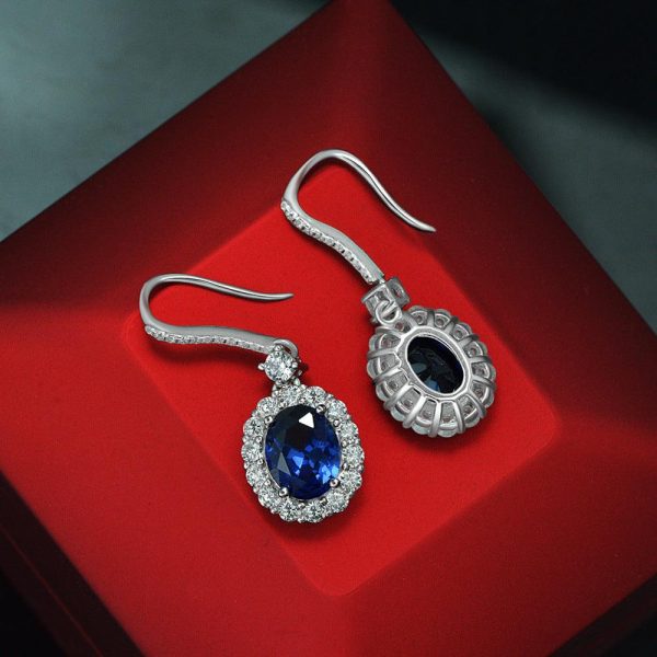 Royal Sapphire Sterling Silver Earrings - Ericjewelry - ericjewelry - Silver Earrings - High Carbon Diamonds, Oval Shaped, Sapphire, Silver - Ericjewelry -