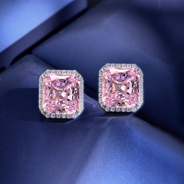 10ct Square Pink Diamond Sterling Silver Stud Earrings - Ericjewelry - ericjewelry - Silver Earrings - Earring, High Carbon Diamonds, pink, Princess, Silver - Ericjewelry -
