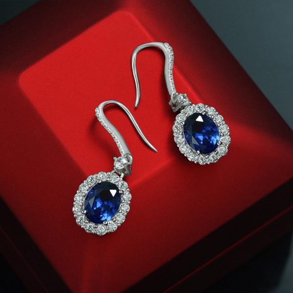 Royal Sapphire Sterling Silver Earrings - Ericjewelry - ericjewelry - Silver Earrings - High Carbon Diamonds, Oval Shaped, Sapphire, Silver - Ericjewelry -