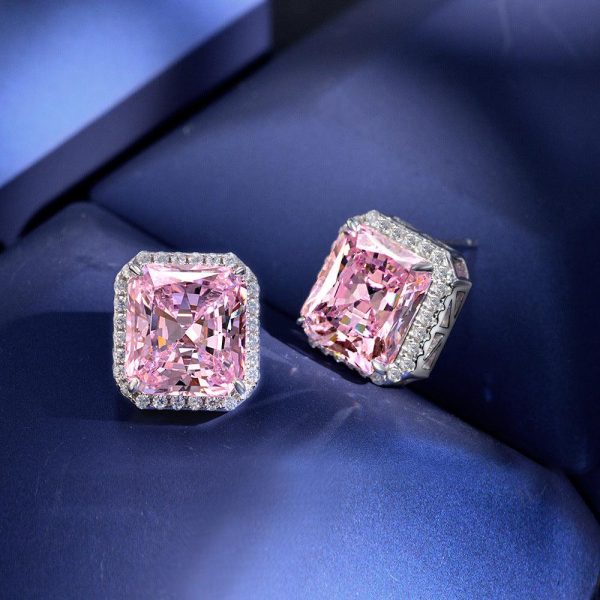 10ct Square Pink Diamond Sterling Silver Stud Earrings - Ericjewelry - ericjewelry - Silver Earrings - Earring, High Carbon Diamonds, pink, Princess, Silver - Ericjewelry -