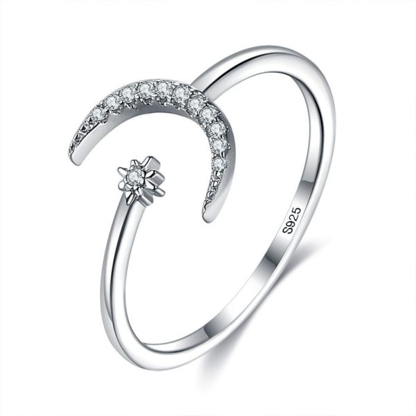Star and Moon Zirconia Sterling Silver Ring - Ericjewelry - ericjewelry - Silver Rings - Resizable, RINGS, Silver, Star and Moon, White, Zircon - Ericjewelry -