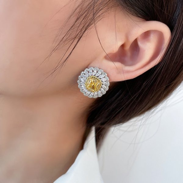 Sunflower Sterling Silver 3.25ct Diamond Earrings - Ericjewelry - ericjewelry - Silver Earrings - Earring, Flowers, High Carbon Diamonds, Round shape, Silver, White, Yellow - Ericjewelry -
