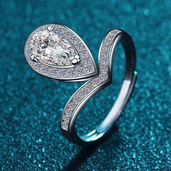 1ct Pear Diamond Sterling Silver Ring - Ericjewelry - ericjewelry - Silver Rings - Moissanite Diamond, Pear, Resizable, RINGS, Silver, White - Ericjewelry -
