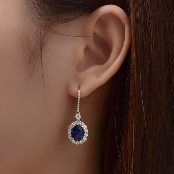 Royal Sapphire Sterling Silver Earrings - Ericjewelry - ericjewelry - Silver Earrings - High Carbon Diamonds, Oval Shaped, Sapphire, Silver - Ericjewelry -