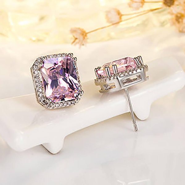 10ct Square Pink Diamond Sterling Silver Stud Earrings - Ericjewelry - ericjewelry - Silver Earrings - Earring, High Carbon Diamonds, pink, Princess, Silver - Ericjewelry -