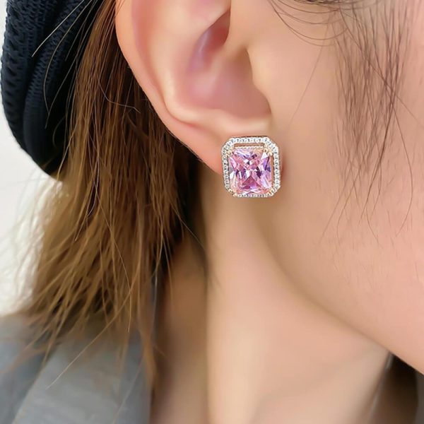10ct Square Pink Diamond Sterling Silver Stud Earrings - Ericjewelry - ericjewelry - Silver Earrings - Earring, High Carbon Diamonds, pink, Princess, Silver - Ericjewelry -