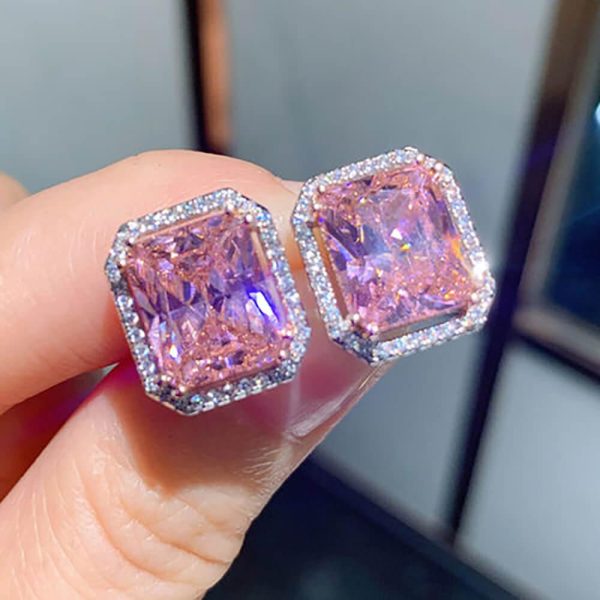 10ct Square Pink Diamond Sterling Silver Stud Earrings - Ericjewelry - ericjewelry - Silver Earrings - Earring, High Carbon Diamonds, pink, Princess, Silver - Ericjewelry -
