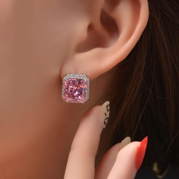 10ct Square Pink Diamond Sterling Silver Stud Earrings - Ericjewelry - ericjewelry - Silver Earrings - Earring, High Carbon Diamonds, pink, Princess, Silver - Ericjewelry -