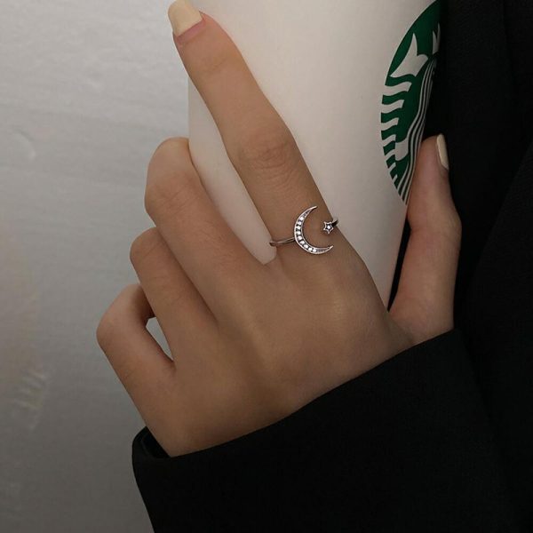 Star and Moon Zirconia Sterling Silver Ring - Ericjewelry - ericjewelry - Silver Rings - Resizable, RINGS, Silver, Star and Moon, White, Zircon - Ericjewelry -