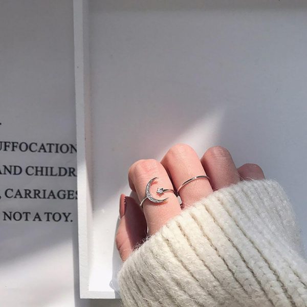 Star and Moon Zirconia Sterling Silver Ring - Ericjewelry - ericjewelry - Silver Rings - Resizable, RINGS, Silver, Star and Moon, White, Zircon - Ericjewelry -