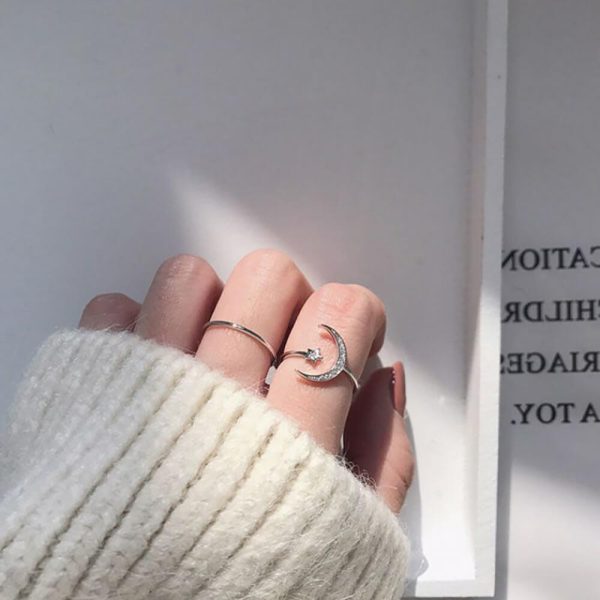 Star and Moon Zirconia Sterling Silver Ring - Ericjewelry - ericjewelry - Silver Rings - Resizable, RINGS, Silver, Star and Moon, White, Zircon - Ericjewelry -